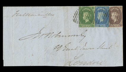 1860 (3 Aug.) entire from Colombo to London, marked Via Marseilles, bearing 1d. blue, 2d. yellowish green and 6d. purple-brown, all with margins in places, each slightly
over-lapping and cancelled by neat oval of bars and showing, on revers