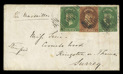 1860 (17 Aug.) envelope from Colombo to Kingston on Thames, marked Via Marseilles, bearing 2d. yellow-green (2, both touched or cut-into on one or more sides) and 5d.
chestnut, each cancelled by oval of bars and showing, on reverse, despatc