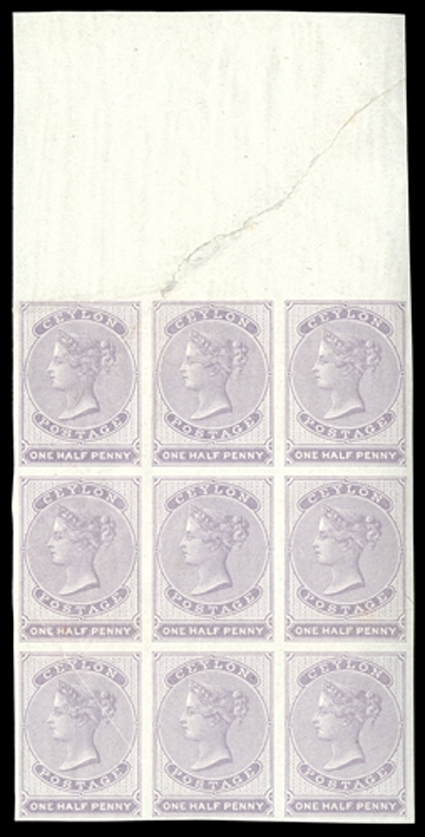 Dull mauve on white paper, an imperforate block of nine with full sheet margin at top, unused with large part original gum large diagonal tear through sheet margin, which
clips the corner of the center top stamp and into the top left stamp, and