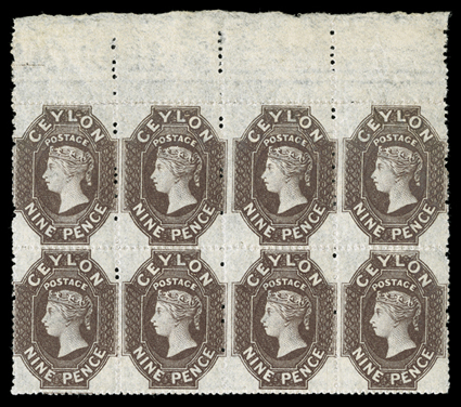 Rough perf. 14 to 15½, 9d. deep brown block of eight (4x2) with sheet margin at top, unused with large part original gum, fresh and fine. Sc. 32 S.G. 33,
£800+.