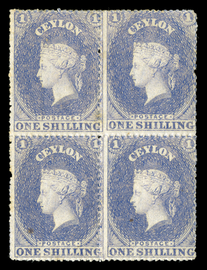 Rough perf 14 to 15½, 1- slate-violet block of four, unused with large part original gum, good color, the lower left stamp with tiny natural paper inclusion, fine. Sc. 34 S.G.
35, £900+.