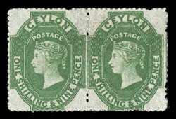 Rough perf 14 to 15½, 19d. light green, prepared for use but not issued, a horizontal pair of very good color, without gum, the left stamp with pressed vertical crease,
otherwise fine. R.P.S. Certificate (1989). Sc. 35 S.G. 36, £1400.