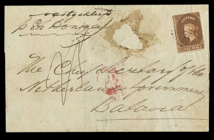 1864 (Apr.) envelope to Bombay, marked p China, bearing clean-cut 5d. chestnut affixed inverted at lower left and tied by oval of bars also undateable entire (damaged) to
Batavia, bearing clean-cut 5d. chestnut tied by oval of bars and sho