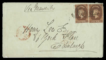 1865 (Mar.) envelope from Kurnegalle? to Edinburgh, marked Via Marseilles, bearing clean-cut 5d. chestnut (2) crossed by manuscript initials and tied by oval of bars, showing
red despatch c.d.s. at left and London Paid transit d.s. with cle