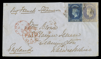 1868 (1 Apr.) envelope from Kandy to Leamington, marked By French Steamer, bearing rough perf 1- slate-violet and 1863 CC perf 12½ 1d. deep blue, both tied by oval of bars,
showing red despatch and London Paid (27.4) datestamps at left wit
