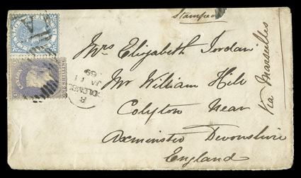 1869 (11 Jan.) envelope from Colombo to Axminster, marked Via Marseilles, bearing at upper left rough perf 1- slate-violet tied by Colombo duplex and 1868 1d. blue cancelled
by A obliterator and showing arrival datestamp (8.2) on reverse