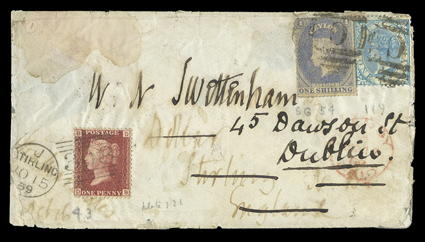 1869 (18 Oct.) envelope from Kandy to Stirling and redirected to Dublin, bearing rough perf 1- slate-violet and 1868 1d. blue, both cancelled by C obliterator and showing red
despatch datestamp alongside, upon redirection GB 1d. red applied an