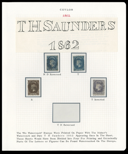1d. dull blue unused and used, 6d. brown used and 1- slate-purple used, each showing part of t h saunders 1862 papermakers watermark (reversed on used 1d. and inverted on 1-),
fine. A rare group. S.G. 39, 41, 43