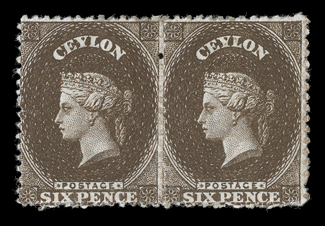 6d. brown pair showing t h (reversed) of papermakers watermark, unused with large part original gum, fresh and fine. S.G. 40, £400+.