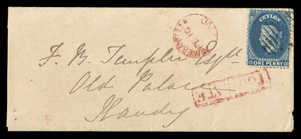 1863 (Aug.) soldiers envelope (face panel with central stain and tear) from Colombo to Birmingham, drawn-up as a concessionary rate but not countersigned, headed From Armoures
Sergt Pinchbeck Stores Dept Colombo and bearing, on reverse, 1d