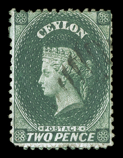 Perf 12½, 2d. bottle-green cancelled by part oval of bars, lower left corner slightly rounded otherwise fine. Extremely rare, only two used pairs and five singles recorded.
Unlisted in Scott S.G. 50c, £3750. provenance:Baron de Worms