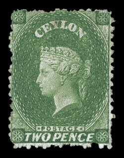 Perf 12½, 2d. yellowish green, unused with small part gum, good color, some perforation irregularities, fine. Extremely rare, only four unused examples are recorded, one is in
the collection of Her Majesty The Queen, and one is repaired. Sc. 48A