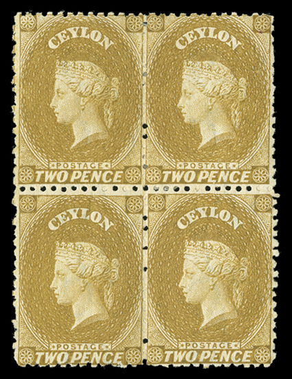 Perf 12½, 2d. ochre with normal watermark reversed, a block of four of superb color, unused with part or large part original gum, a few shorter perfs and some gum creases,
otherwise fine. R.P.S. Certificate (1989). Sc. 49 S.G. 51, £1100+.