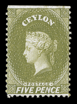 Perf 12½, 5d. yellow-olive, unused without gum, straight-edge at top, fine. Sc. 52 S.G. 54b, £750.
