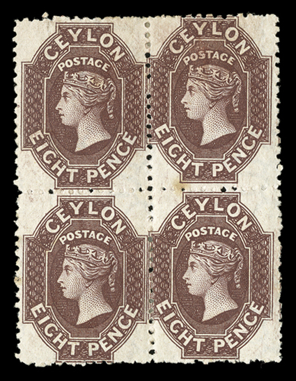Perf 12½, 8d. reddish brown block of four, unused with part to large part original gum, small tone spot between right vertical pair, otherwise fine. Sc. 54 S.G. 56, £520+.
provenance: A. Caspary, February 1958