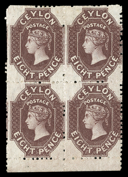 Perf 12½, 8d. reddish brown block of four with margin at foot, unused with large part original gum, some trimmed perfs otherwise fine. Sc. 54 S.G. 56, £520+.