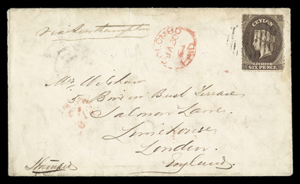 1864 (30 Jan.) envelope from Colombo to London, marked via Southampton, bearing 6d. blackish brown tied by oval of bars and showing despatch datestamp alongside with arrival
c.d.s. (2.3) on reverse the envelope a little soiled.