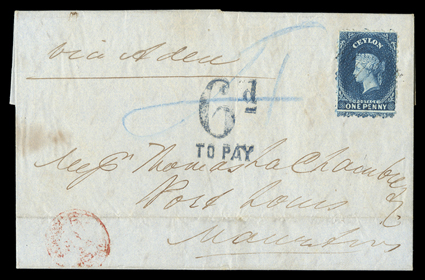 1864 (17 May) entire letter from Galle to Mauritius, marked via Aden, bearing perf 11½, 12 1d. deep blue, lightly cancelled by oval of bars, showing poor red despatch c.d.s.
at lower left, blue crayon 4, 6dto pay h.s. in blue