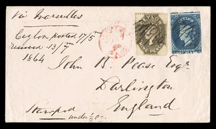 1864 (17 May) envelope from Galle? Via Marseilles to Darlington, bearing 1d. deep blue perf. 11½, 12 (perfs. on three sides) and perf. 12½ 9d. sepia each cancelled 17564 in
manuscript and with indistinct Paid c.d.s. alongside, a