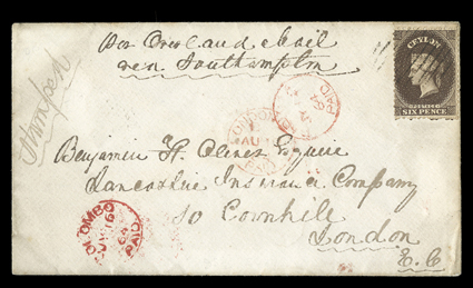 1864 (14 June) envelope from Badulla to London, marked Per Overland Mail via Southampton, bearing 6d. blackish brown tied by oval of bars, showing despatch, Colombo (16.7) and
arrival (10.8) datestamps, all in red the envelope with tear th