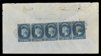 1866 (Jan.) envelope from Galle to Bombay bearing, on reverse, 1d. deep blue strip of five (the first stamp with damaged top right corner) neatly tied by oval of bars and
showing light gallepaid datestamp in red on face the envelope wit
