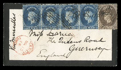 1866 (15 May) mourning envelope from Kandy Via Marseilles to Guernsey, bearing 1d. deep blue strip of four and 6d. sepia with manuscript marks and oval of bars cancellations,
Kandy Paid c.d.s. at lower left corner, arrival c.d.s. (12.4) on
