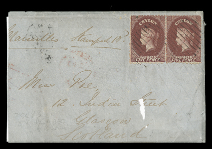 1867 (14 Oct.) envelope from Anoradhapoora to Glasgow, bearing 5d. red-brown pair cancelled by light oval of bars and showing, on reverse, despatch, Colombo and arrival
datestamps the envelope slightly truncated at left, left flap missing and wi