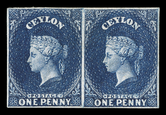 1d. deep blue horizontal pair, variety imperforate, good regular margins and with part original gum tiny thin, otherwise fine. R.P.S. Certificate (2002) states plate proof.
Unlisted in Scott S.G. see footnote after S.G. 72.