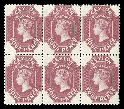 4d. rose-carmine block of six (3x2), fresh color and with large part original gum fine and most attractive. A scarce multiple. Sc. 50c S.G. 65b.