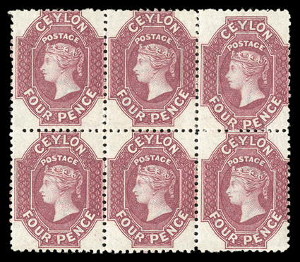 4d. rose-carmine block of six (3x2), fresh color and with large part original gum fine and most attractive. A scarce multiple. Sc. 50c S.G. 65b.