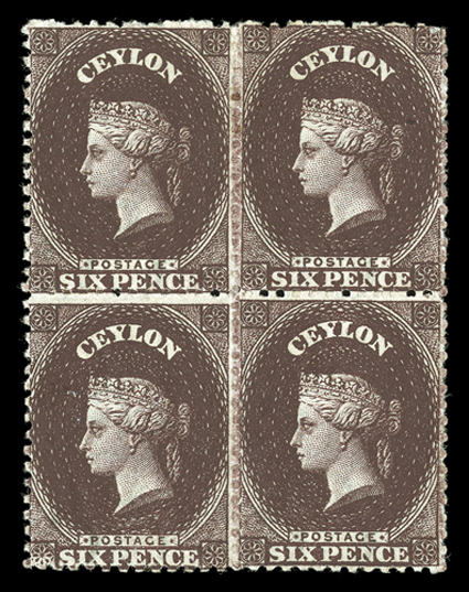 6d. deep brown block of four, unused with large part original gum, fresh color small brown patch on gum at top of upper pair. Sc. 53d S.G. 67.