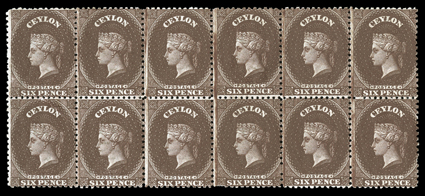 6d. red-brown block of twelve (6x2), fresh unused with large part original gum the lower left stamp with closed tear at top, otherwise fine. A scarce multiple. Sc. 53e S.G.
67b.