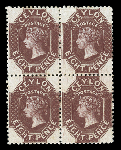 8d. lake-brown block of four, unused with part original gum folded between horizontally, otherwise fine and most attractive. Sc. 54a S.G. 68b.