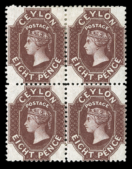8d. lake-brown block of four, unused with part original gum the upper pair with a horizontal crease, otherwise fine and most attractive. Sc. 54a S.G. 68b.