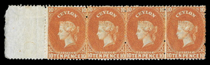 10d. red-orange marginal strip of four from the left of the sheet, fresh unused with part original gum. A fine and scarce multiple. R.P.S. Certificate (2007). Sc. 56c S.G.
70b.