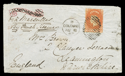 1867 (8 Aug.) and (14 Oct.) envelopes ex the same correspondence to Leamington, both marked via Marseilles, the first bearing 10d. orange cancelled with Colombo duplex, the
second (faults) from Kandy bearing 10d. deep orange cancelled with