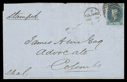 1867 (20 Dec.) entire from Colombo addressed locally, bearing 1d. blue with duplex cancellation sound. Sc. 46d S.G. 63.