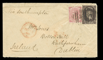 1868 (15 Dec.) envelope (minor creasing) from Colombo via Southampton to Dublin, bearing 6d. deep brown in combination with 1866-68 3d. carmine-rose (wrinkled) sharing oval of
bars cancellation, Colombo Paid c.d.s. towards left, h&k. pa