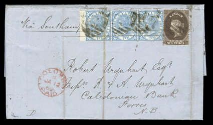 1869 (12 Jan.) entire letter from Colombo via Southampton to Scotland, bearing 6d. blackish brown in combination with 1866-68 1d. blue wing-margin strip of three, lightly
cancelled with two pen strokes and ovals of bars, Colombo Paid c.d.s.