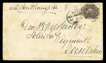 1869 (2 Apr.) envelope from Colombo via Southampton to Weymouth, bearing 9d. bistre-brown (a deep shade) placed sideways and cancelled with duplex, arrival c.d.s. (22.5) on
reverse envelope with traces of foxing though not unattractive. R.