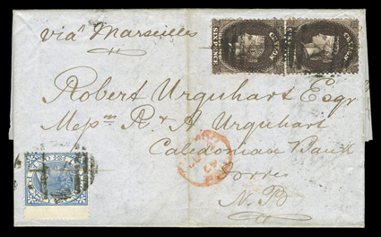 1869 (12 June) entire letter from Colombo via Marseilles to Scotland, bearing 6d. blackish brown vertical pair in combination with 1866-68 wing-margin 1d. blue, all cancelled
with pen strokes and A in oval of bars, Colombo Paid c.d.s. at