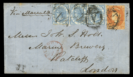 1869 (12 June) entire from Colombo via Marseilles to London, bearing 10d. orange in combination with 1866-68 1d. blue strip of three sharing manuscript Stamped and each
cancelled A in oval of bars, Colombo Paid c.d.s. towards foot,