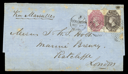 1869 (15 Nov.) entire from Colombo via Marseilles to London, bearing 4d. rose-carmine and 9d. blackish brown sharing manuscript Stamped and each cancelled with duplex, arrival
c.d.s. (13.12) on reverse the entire with a few age marks