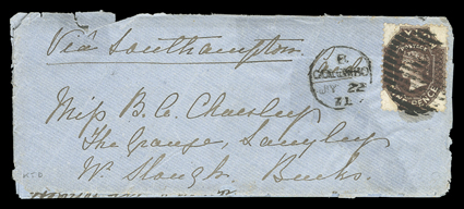 1870 (3 Feb.) envelope to Sussex bearing 9d. bistre-brown and 1871 (22 July) envelope (complete with long letter) via Southampton to Bucks. bearing 9d. blackish brown, both
from Colombo and cancelled with duplex both with some faults thoug