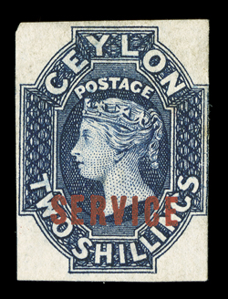 2- deep blue, variety imperforate, good to large margins on three sides, design shaved at right, unused with part original gum scarce. Sc. O7a S.G. O5a, £1,000.
