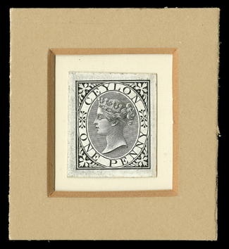 1868 1d. stamp-size die proof with 1-2mm. margins, in black on glazed card and inset in recessed, mica-covered, card frame.