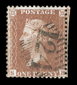 Great Britain S.G. 29, 1854-57 1d Red-brown, die II, used with unrecorded barred 124 postmark of Aden showing thick bars at top, left and right and thin bars at bottom, small
faults, very fine strike the stamps of India were used in Aden, whe
