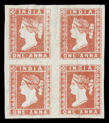 S.G. 12, 1854 1a Red, die I, without gum as issued, handsome appearing mint block of four, with very large margins all around, bright and fresh, right pair with a pressed-out
vertical crease, plus the bottom left stamp with a light diagonal crea