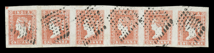 S.G. 12, 1854 1a Red, die I, handsome horizontal strip of six from the top left corner of the sheet, pos. 1-6, showing a trace of the corner ornament at top left, used with
six strikes of diamond of dots cancel, ample to mostly huge margins all