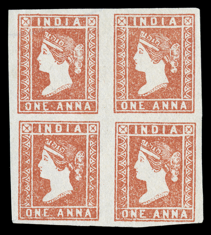 S.G. 14, 1854 1a Dull red, die II, without gum as issued, fresh mint block of four, ample to mostly huge margins, strong color on crisp white paper, choice very
fine.
